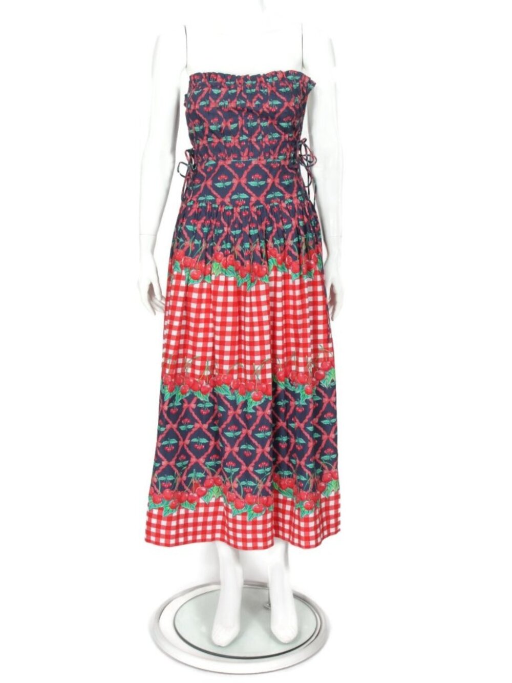 Damson Madder Kelia Cherry Pie Ginham Strapless Midi Dress Size 6 Navy Red /456